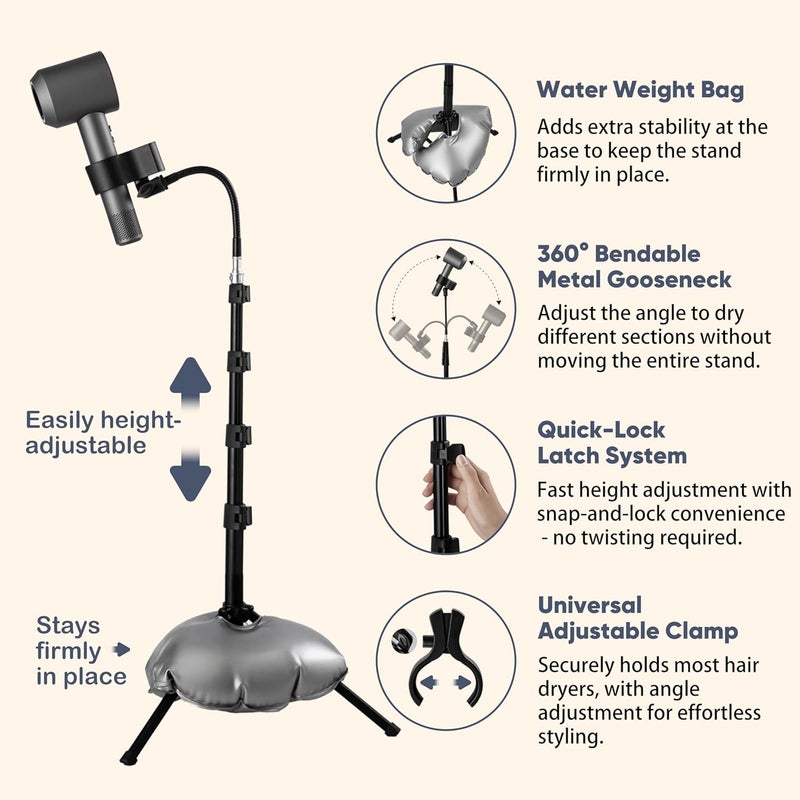 Hugabow Hair Dryer Stand - 360° Rotating Universal Holder, 20-65 Inch Adjustable, Hands Free for Pain Relief & Multi-Tasking - Image 2